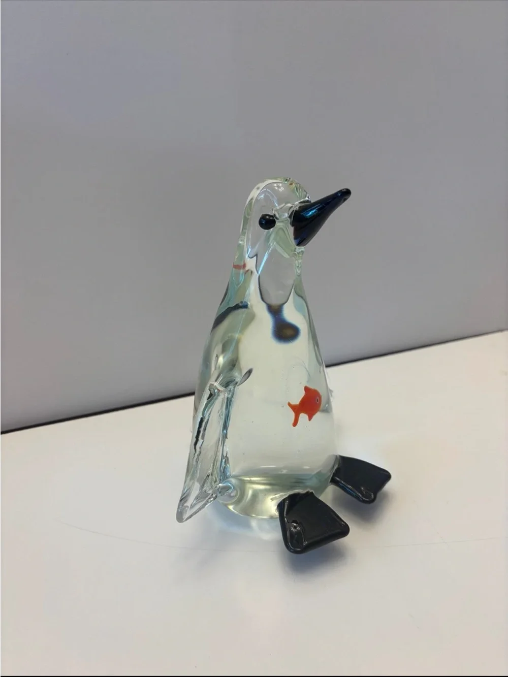 Clear Glass Penguin Fish Ornament with Orange Accent